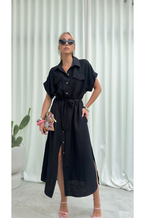 Sukienka Koszulowa Maxi Premium Wiązana w Pasie Elegancka Oversize Guziki Kieszenie - czarny